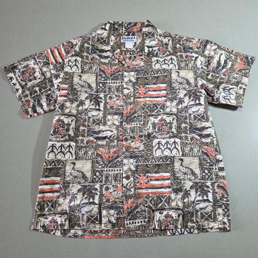 Kilauea Mens Hawaiian Flag Aloha Shirt Cotton Short Sleeve Brown Multi Size S